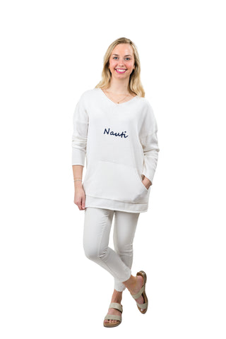 White long sleeve, v-neck sweater with navy Nauti script on front