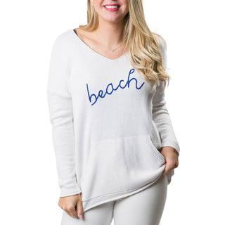 White long sleeve, with long v-neck sweater with blue Lake Life script on front