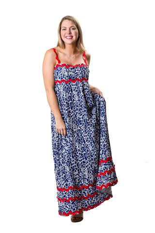 blue and white dress tiered dress with red rick rack details