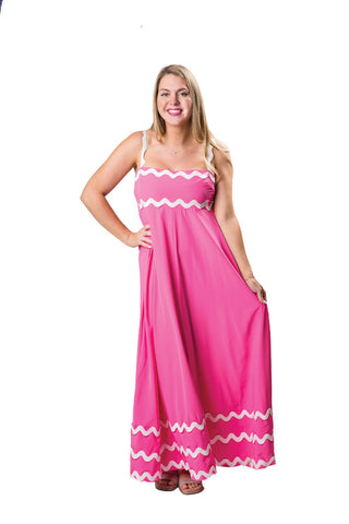 Hot pink tiered dress with white rickrack