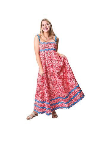 red and white dress tiered dress with blue rick rack details