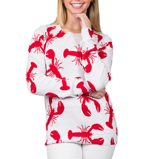 white sweater with multiple red lobsters