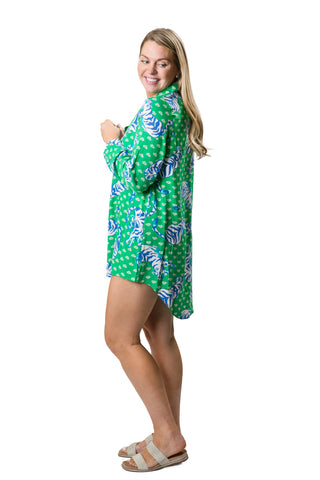blue and green tiger tunic dress