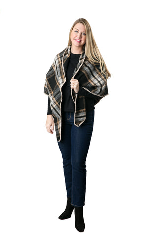 Claire Plaid Wrap – Cozy Plaid Shawl with Whipstitch Edge & V-Back Design