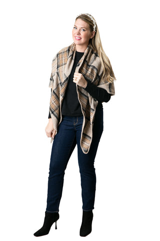 Claire Plaid Wrap – Cozy Plaid Shawl with Whipstitch Edge & V-Back Design