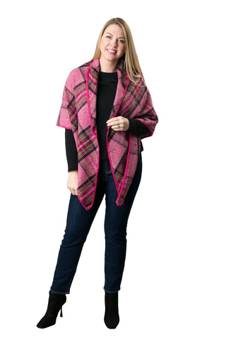 Claire Plaid Wrap – Cozy Plaid Shawl with Whipstitch Edge & V-Back Design
