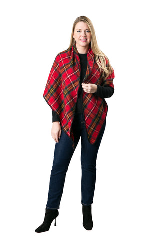Claire Plaid Wrap – Cozy Plaid Shawl with Whipstitch Edge & V-Back Design