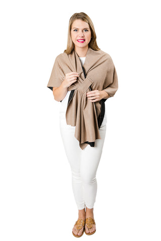Kate Knit Keyhole Wrap in black and tan two-tone, chic and modern layered look.