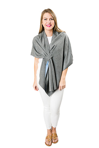 Kate Knit Keyhole Wrap in blue and gray two-tone, chic and modern layered look.