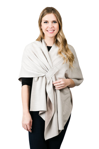 Kate Knit Keyhole Wrap in khaki and cream two-tone, chic and modern layered look.