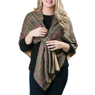 Woman wearing the Kate Plaid Keyhole Wrap in a classic plaid pattern with keyhole design, styled for cozy fall fashion