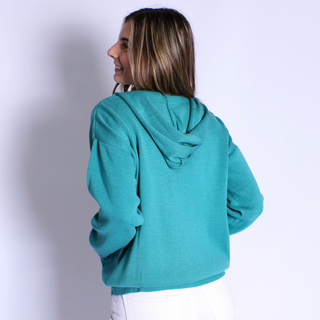 Backview of teal knit hoodie