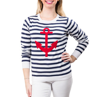 Red anchor on navy and white striped sweater