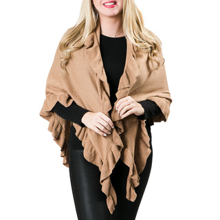 woman wearing ava ruffle wrap in camel