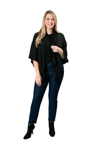 woman wearing metallic ruffle wrap in black