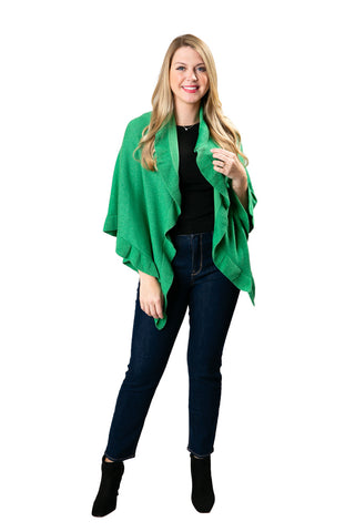 woman wearing metallic ruffle wrap in green