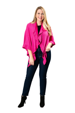 woman wearing metallic ruffle wrap in magenta