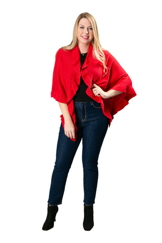 woman wearing metallic ruffle wrap in red