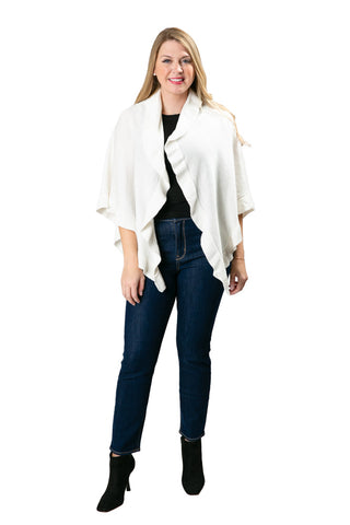 woman wearing metallic ruffle wrap in white