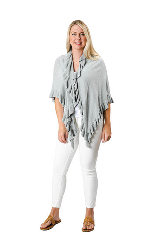 woman wearing metallic ruffle wrap in silver
