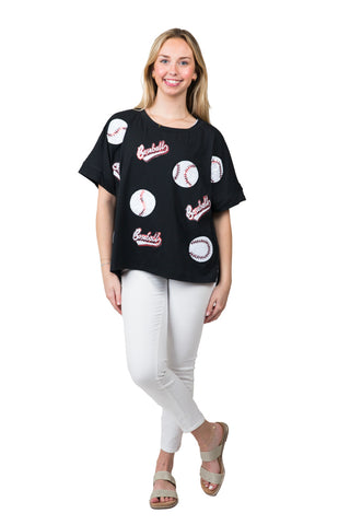 Black high-low, round-neck, half-sleeve shirt with sequins baseball patches