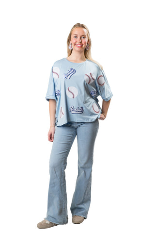 Light Blue high-low, round-neck, half-sleeve shirt with sequins baseball patches