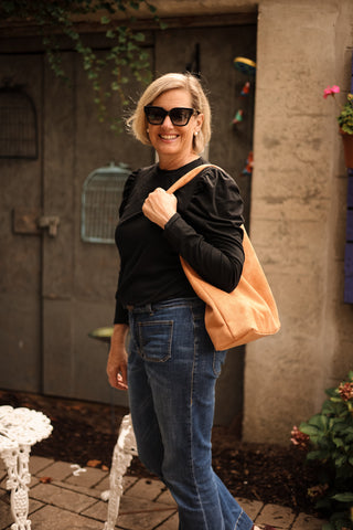 Paloma Puff Sleeve Top styled casually with jeans and hobo bag — chic women’s everyday outfit