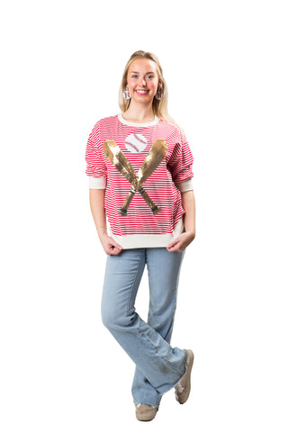 Red and white striped half sleeve shirt with a sequin baseball and bats patch