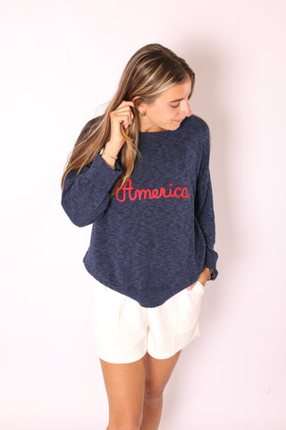 Navy Americana Sweater with red embroidered America text 
