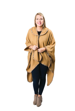 camel cape with peter pan collar and plaid trim