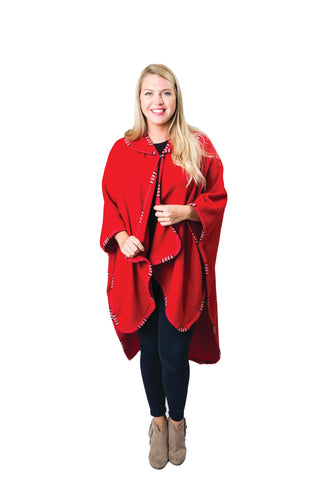 red cape with peter pan collar and plaid trim