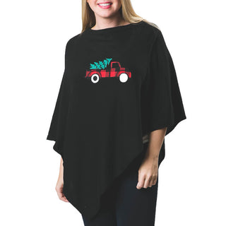 Red and black buffalo check truck with green tree on black knit poncho shawl