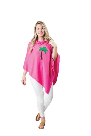 Pink One Size Poncho with Cable Knit Palm Tree