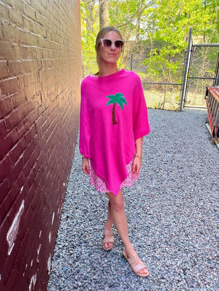 Pink One Size Poncho with Cable Knit Palm Tree