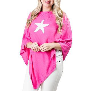 Pink One Size Poncho with Cable Knit White Star