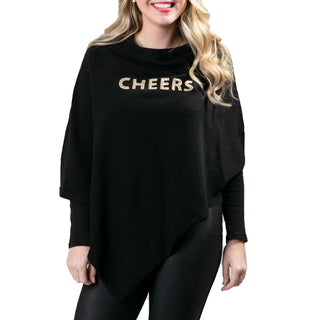 black knit poncho shawl with CHEERS in gold sequins