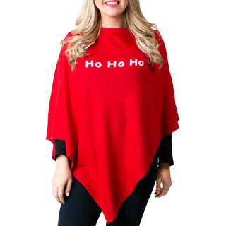 Red knit poncho shawl with Ho Ho Ho in white sequins