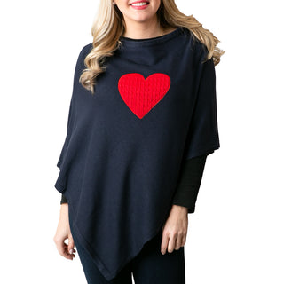 Navy Blue One Size Poncho with cable knit red heart
