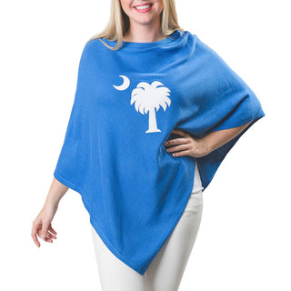 Blue One Size Poncho with white cable knit palm tree and moon
