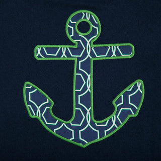 Navy Blue One Size Poncho with navy with green geometric anchor, close up