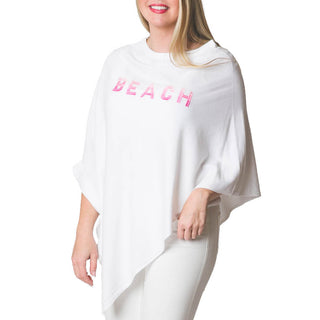 White One Size Poncho with BEACH embroidered in ombre pink