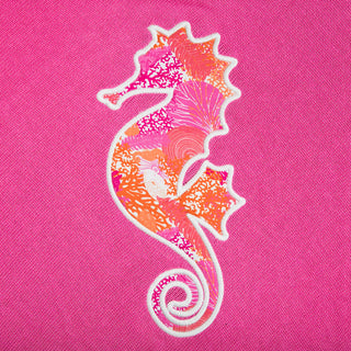 Pink One Size Poncho with pink sea coral seahorse, close up