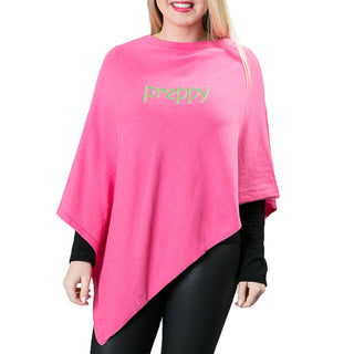 pink knit poncho shawl with preppy in green embroidery