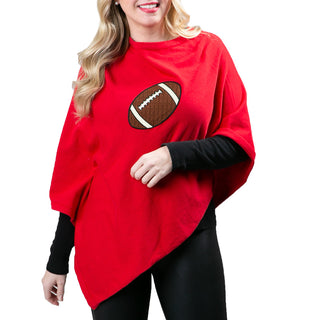 Cable knit football on red knit poncho shawl