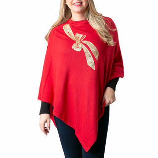 Gold glitter bow on red knit poncho shawl