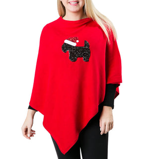 scottie dog with santa hat in sequins on red knit poncho shawl