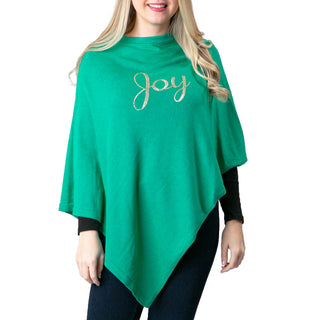 Joy in gold sequined script letters on green knit poncho shawl