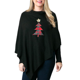 Red tartan plaid Christmas tree on black knit poncho shawl