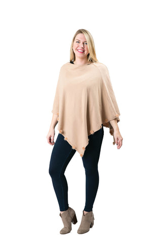 Camel Jackie Pom Pom Poncho with faux fur trim