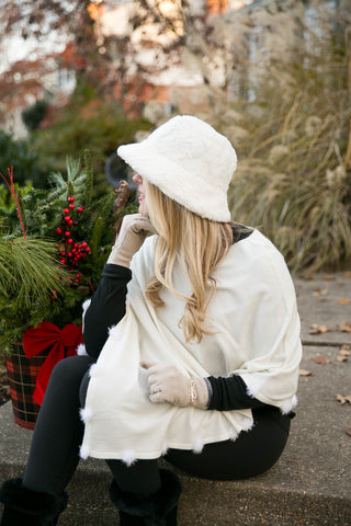 Cream Jackie Pom Pom Poncho with faux fur trim
